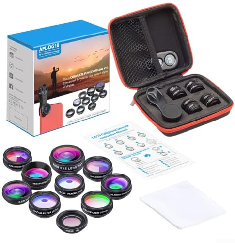 Kit obiettivo fotocamera cellulare 10 in 1 con fisheye 198 gradi, grandangolo, lenti macro 15x, CPL, caleidoscopio, flusso, radiale, filtri stella e teleobiettivo telescopio