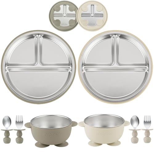 PandaEar Juego de 8 Piezas para Alimentación de Bebé | Platos y Cuencos con Succión de Acero Inoxidable con Cuchara y Tenedor de Silicona | Vajilla para BLW para Bebés y Niños (Topo y Beige)