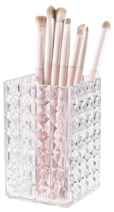 DASITON Makeup Brush Holder Organizer, Acrylic Makeup Brush Cup, Diamond Striped Make Up Brush Holder for Vanity, Bathroom Countertop, Toothbrush Holders, Pen Holder for Desk Storage (Clear)