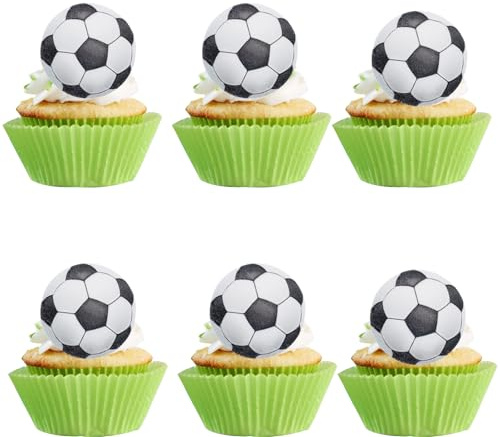Gleevio 48 Stück Essbare Tortendeko Fussball Geburtstag Dekoration,Kuchen Dekoration Fußball Muffin Deko Essbar,Tortendeko Junge,Esspapier Fussball Cupcake Topper 4,5cm,Fußball Deko Geburtstag