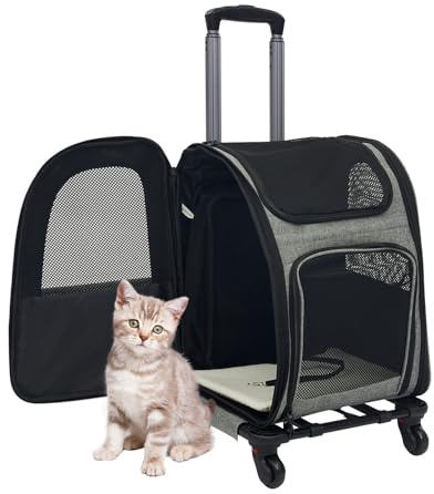 Kit de voyage 2 en 1 pour animal de compagnie - Avec poignée à 4 niveaux de hauteur - Compartiment d'extension - Boîte de transport pour chat avec roulettes pivotantes à 360° et poches - Gris