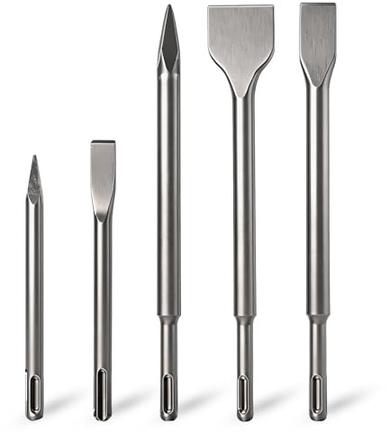 SDS Plus Chisel Set, Hammer Drill Bits for Concrete Brick Tile Stone, Including Point Flat Wide Chisels for Demolition Chipping Grooving, 5 Pack
