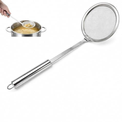 DAQUN Skimmer Spoon, Stainless Steel Oil Strainer for Broth, Fine Mesh Fat Skimmer for Frying Food, Long Handle Kitchen Filter Sieve 100 Mesh