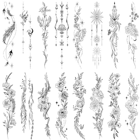 Qpout Tatouages Temporaires Noirs pour Femmes, 16 Feuilles Tatouages Impermeables Realistes Branche Fleur Plantes Sauvages Feuilles Croquis Autocollants Corps