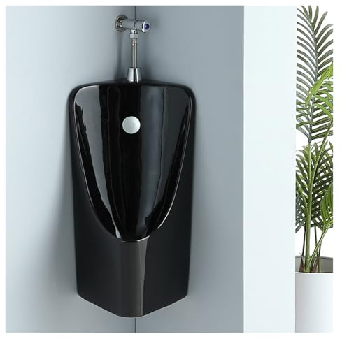 Orinatoio a parete in ceramica ad angolo nero, per servizi igienici, garage, orinatoio con valvola di scarico, design in ceramica resistente, soluzione sanitaria salvaspazio
