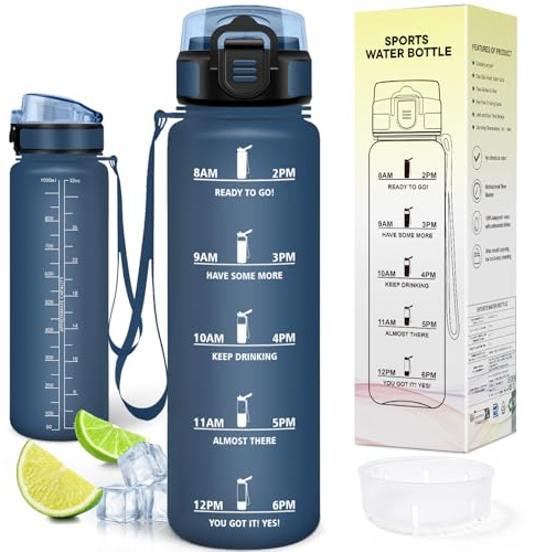 Motswedi Gourde Sport 1L, Bouteille d'eau avec Marqueur de Temps, Réutilisable, Gourde Sport, Anti-Fuite, Bouteille Plastique 1l, pour Fitness, Sport, Yoga, Randonnée, Bleu Foncé