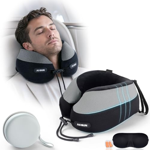 Aosun Coussin de Voyage Avion et Voiture, Oreiller Cervical en Mousse à Mémoire de Forme, Kit 4 en 1 avec Masque de Sommeil 3D, Bouchons d’Oreilles et Étui, Coussin Nuque Compact avec Housse Lavable