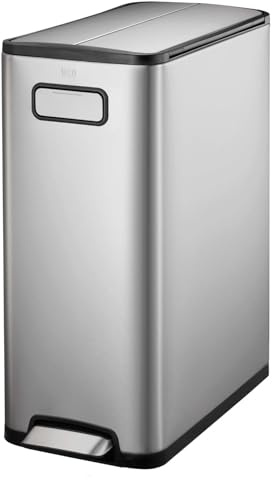EKO Ecofly 45L Mülleimer Küche, Edelstahl Tretmülleimer, Sanft Schließend mit Deckel, Fingerabdruck frei, Offenhaltefunktion, Abfallbeutelfixierung, Abfalleimer für Küche oder Büro, Satin/Nickelfarben