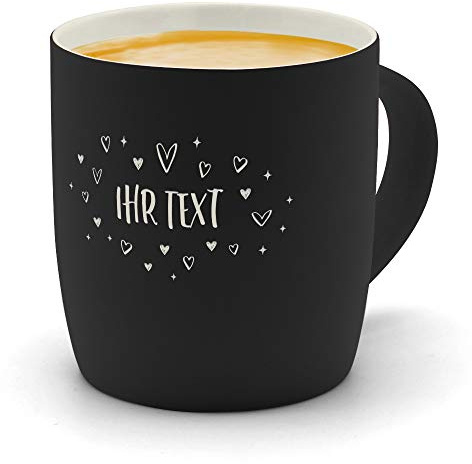 printplanet® - Kaffeebecher mit eigenem Text graviert - SoftTouch Tasse mit Wunschtext - Matt-gummierte Oberfläche - Farbe Schwarz - Motiv: Herzchen