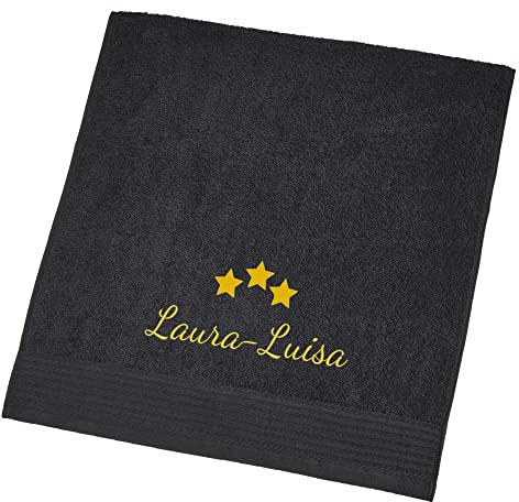 Wolimbo Duschhandtuch Bestickt mit Namen und Motiv - 70x140 cm - schwarz - weiches Duschtuch personalisiert - Geschenk