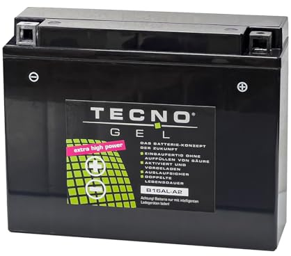 TECNO-GEL Motorrad-Batterie für YB16AL-A2 für DUCATI Monster 600/750/900 alle 1993-2000, 12V Gel-Batterie 16Ah, 205x70x162 mm