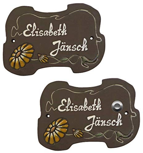 Keramikschild-Sonnenblume-Türschild-Klingelschild-Namensschild-185 x 130 mm-Schild-Relief von Hand gefertigt-Incl. Beschriftung-Mit, oder ohne Klingel (6936 mit 1 Klingel)