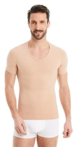 FINN Maglia Dimagrante Uomo con Scollo a V - Canottiera Snellente a Maniche Corte in Cotone - Camicia compressiva Body Shaper per Una Pancia più Piatta Color Pelle M