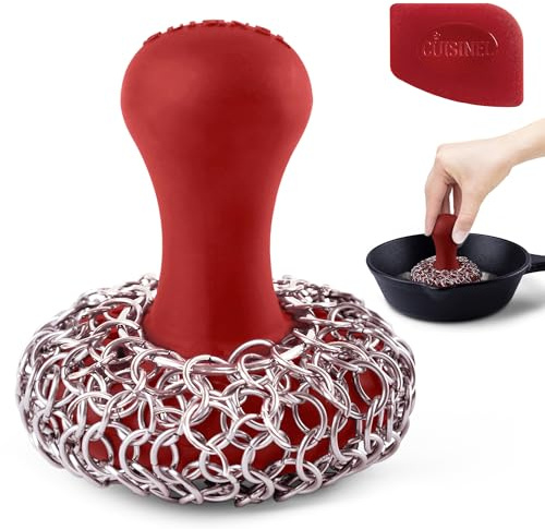Cast Iron Chainmail Scrubber + Pan Scraper - Ergonomic Stainless and Silicone Cleaner for Pots and Skillets - Premium Food-Safe Design - Easy to Clean Dishwasher Safe Cookware Sponge Kitchen Accessory