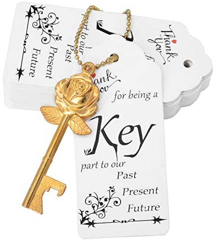 Aokbean 100 Sets Rose Flower Shaped Keys Wedding Favors Gift for Guest Bulk Skeleton Key Bottle Opener with Card and Chain for Rustic Party Bridal Showers Decorations (Gold)