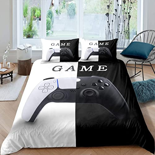 Homemissing Ensemble de literie Gamepad Noir Blanc Gamer Housse de Couette Ensemble pour Jeunes Gamepad Couple Design 3 pièces Ensemble de lit 200x200cm Moderne Jeu vidéo Boutons d'action léger