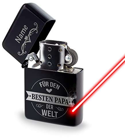 Benzin-Feuerzeug selbst gestalten - mit Name gravieren - Bester Papa auf der Welt - Sturmfeuerzeug mit Gravur, Benzin nachfüllbar I Personalisiertes Geschenk, Schwarz