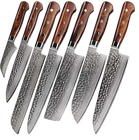 WERWER Espiga Completa VG10 Damasco Steel Siete Pieza Set Cuchillos de Cocina Chef Cuchillo Partido Santoku Cleaver Cuchillo de Utilidad Herramienta de Cocina (Color : ZHI-7pcs w Sheath)