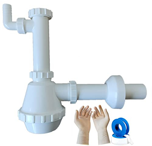 Parpyon® Sifone Lavello Cucina 1 Vasca Lavabo Bagno Tubo scarico lavandino Antiodore, Flessibile Rubinetto miscelatore Prolunga tubo filettato + nastro e guarnizione (Sifone Cucina 1V 1-1/2)