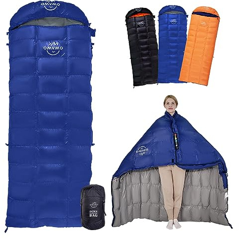 OMVMO Daunenschlafsack für Erwachsene, 10 Grad, F 650, leicht, 4-Jahreszeiten-Umschlag, rechteckig, Daunenschlafsack für Rucksackreisen, Camping, dunkelblau, rechter Reißverschluss, lang