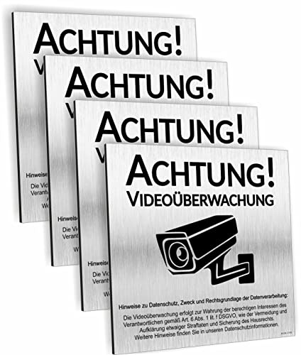 Achtung Videoüberwachung Schild DSGVO UV Druck 12 x 12cm - 3mm Aluverbund - Made in Germany - Art.Nr. 2143 (4-er)