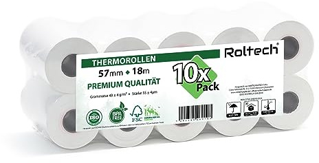 ROLTECH | 10 Thermorollen | 57mm x 18m x 12mm | BPA frei | EC Cash | Kassenrollen | Thermopapier | Bonrollen | Premium Qualität (10 Rollen)