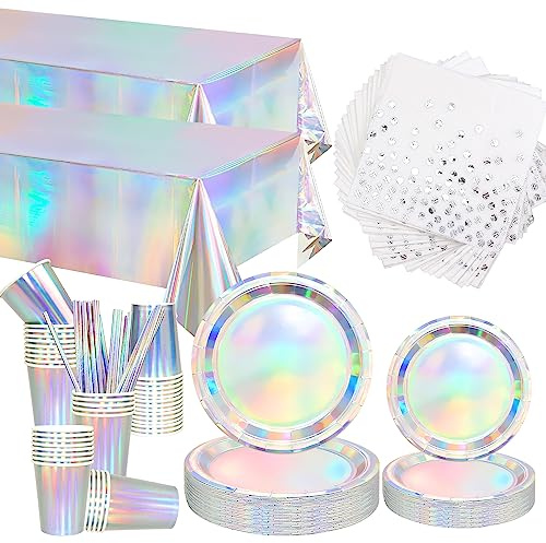 Obussgar 252er-Pack schillerndes Partyzubehör–holografisches Partygeschirr, inklusive schillernder Trinkhalme, Folientischdecken für Geburtstag, Disco, Hochzeit, 70er- und 80er-Jahre – für 50 Personen