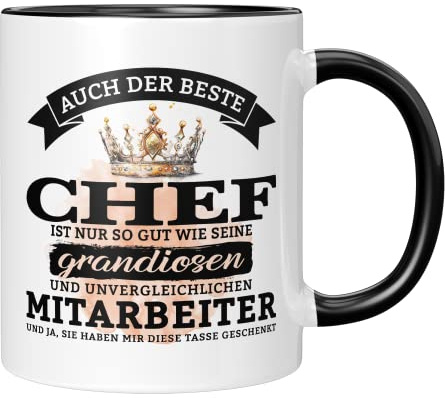 TassenTicker - Auch der Beste Chef Ist Nur so Gut Wie - Kaffeetasse - Geschenk für Chef - Arbeit - Büro - Abteilungsleider - Beförderung (Schwarz), Tasse
