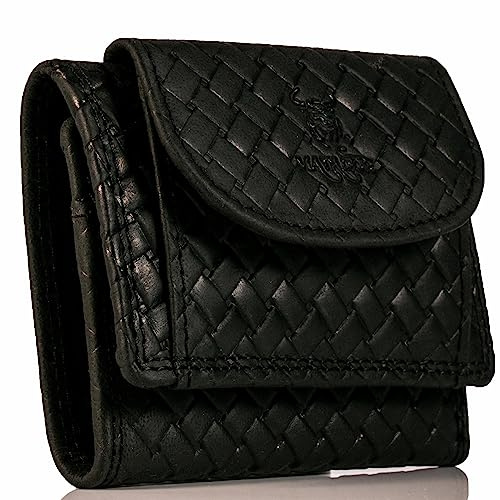 MATADOR Mini Portemonnaie Herren Leder #GENF Geldtasche Klein mit edler Geschenk Box, Eleganter Kleiner Geldbeutel mit RFID Blocker, Luxus Mini Brieftasche mit vielen Fächern in Geflochten Schwarz