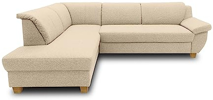 DOMO. collection Ecksofa Panama, gepolsterte Armlehnen, beige | Ottomane links mit Holzfuß, klassisches Ecksofa in L-Form für stilvollen Wohnkomfort, 254 x 186 x 80 cm (BxTxH)