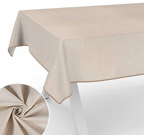 Stoff Tischdecke Textil Tischwäsche Tischtuch Baumwolle Polyester abwaschbar Uni Ornament Damast Jacquard Gewebe waschbar Beige Grau 260x140cm mit Saum (Eingefasst)