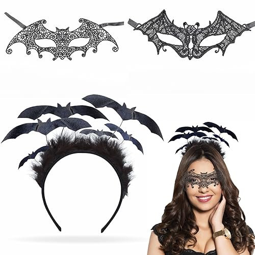 KWHSUN Halloween Fledermaus Haarreif,Halloween Haarreif,Vampier Haarband, mit 2 Halloween Fledermaus Augenmaske,Halloween Kostüm Accessoire Perfekt für ein Damen Halloween Cosplay Kostümfest geeignet