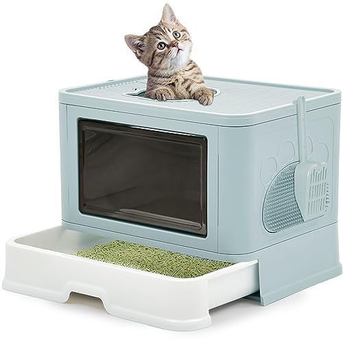 YITAHOME Katzentoilette mit Deckel, Katzenklo Groß, Katzenklo Hop In, Geruchlose Katzentoilette mit Kapuze, mit Streuschaufel, Reinigen (Blau)