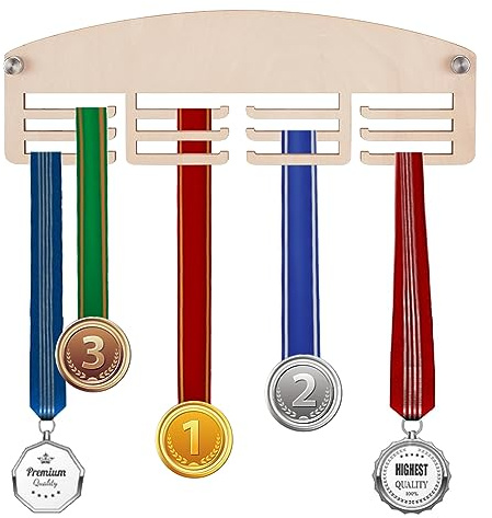 AHANDMAKER Holz Medaillenhalter 30cm Wandhalterung Für Sportmedaillen | Stabile 3-Linien Wandhalterung Aus Holz Mit Zwölf Haken Zum Aufhängen Und Präsentieren Deiner Sportauszeichnungen