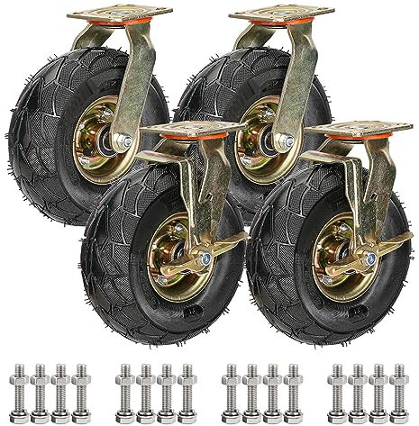 200mm 250mm Große Schwerlastrollen 4er SET, Industrie Transport Lenkrolle Mit Bremse, Leise Luftreifen Gummi Ersatz Rollen, Für Trolleys, Möbelroller, Werkbank Rollen, Tragkraft 600 Kg (Color : Swive
