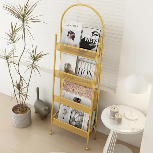 4-stufiges Metall-Bücherregal, 61,4 bodenstehender Zeitungsständer aus Draht, Broschürenständer, Zeitungsständer mit Zeitschriftenhalter (Color : Gold, Size : 50 * 21 * 156cm)