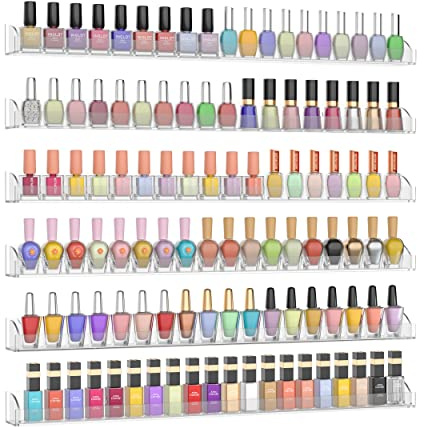 Hexsonhoma 24 Inch Clear Nail Polish Wall Rack with Removable End Caps Set of 6, Acrylic Nail Polish Organizer Wall Mounted,Nail Polish Sorage Shelves for 150 Bottles (24 Inch)