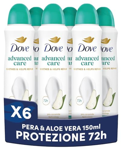 Dove Deodorante Spray Advanced Care Go Fresh Pera e Aloe Vera, con Formula Idratante e Delicata sulla Pelle, Senza Alcol, Pelle Asciutta Fino a 72 Ore, Deodorante Uomo e Donna, 6 Pezzi da 150ml