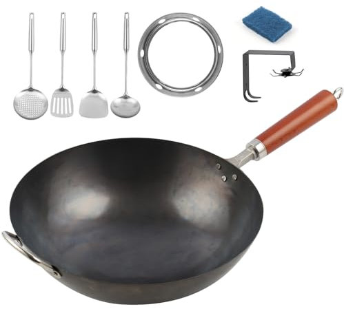 JLYO Padella wok in acciaio al carbonio, set di padelle wok con fondo rotondo da 32 cm, 7 accessori da cucina, wok tradizionale cinese giapponese, wok martellato a mano