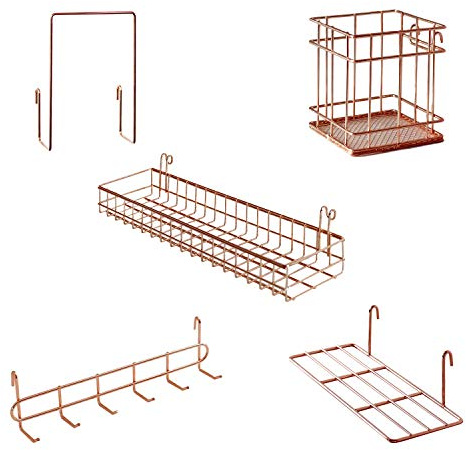 MOIUCUN Rejilla colgante de pared, estante colgante, soporte para bolígrafos, estante con ganchos, estantería, accesorios de rejilla de pared, juego de 5 unidades (oro rosa)