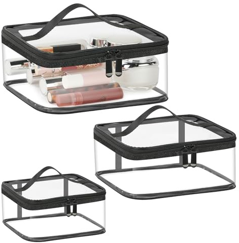 Aucuu Transparent necessär, resekit för flygplan, vattentät PVC sminkväska för resor, förvaringsväska för resor med flygplan, transparent kosmetisk väska för män och kvinnor, ^12 Svart D, 3PC