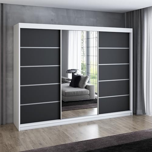 A&J MöbelLand Schwebetürenschrank VILUNO 1 Kleiderschrank 3-türig 200 cm mit Spiegel, 4 Schubladen & 2 Kleiderstangen, Geräumiger Schlafzimmerschrank (Weiß/schwarz)