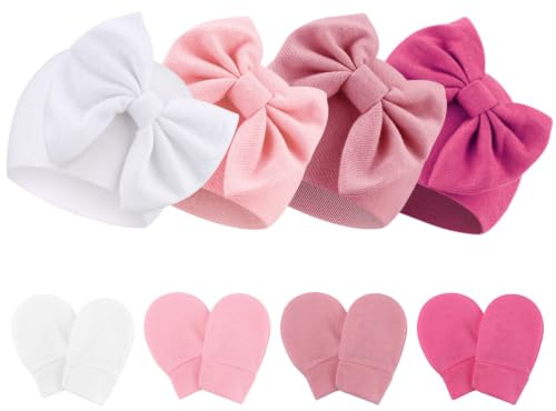 AQOKKA Newborn Baby Hats and Mittens Set Infant Bow Beanie Cap Toddler Gloves Newborn Hospital Hats for Baby Boy Girl Kid 0-6 Months