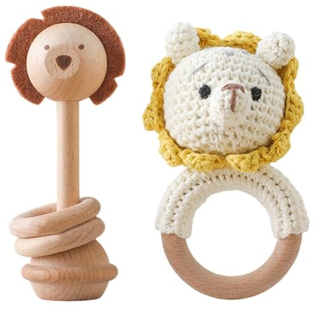 2pcs Gehäkelte Babyrassel baby Häkeln Holz Greifling Baby Sachen Beißring Baby handrassel Baby Shaker Rassel Spielzeug Baby Beruhigendes Spielzeug Baby Beißring Holz gehäkelte Baby Rassel