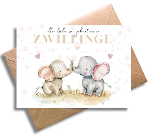 Glückwunsch Karte mit Umschlag - schöne Glückwunschkarte zur Geburt von Zwillingen “Alles Liebe zur GEburt euer Zwillinge” süße Geschenkkarte Schwangerschaft Geburt Baby Babyparty Mutter (DIN A6)