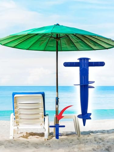Sonnenschirmhalter für Strand, Kies und Sand in blau, Bodendübel, Schirm Anker, Sonnenschirmständer, zum eindrehen mit Griff