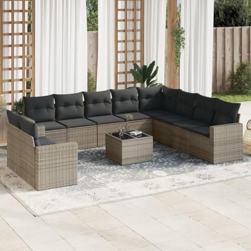Xichuzi 11-TLG. Garten-Sofagarnitur mit Kissen Grau Poly Rattan, Lounge Gartenmöbel Set, Möbelsets, Balkon Möbel, Gartenlounge, Gartensofa - 3219170