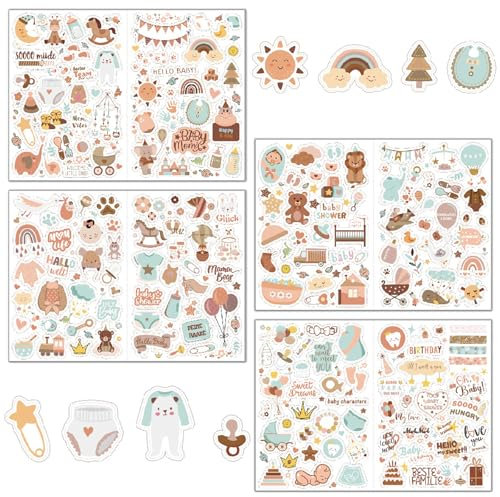 4 Stück Stickers Babyalbum - Transparente und Braune Aufkleber für Kinder- und Babyfotos, Fotoalben, Scrapbooking, Partydekoration (212 Motive)