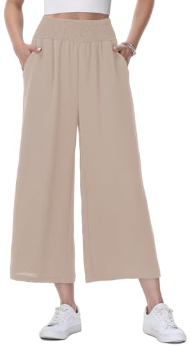HMIYA Damen 3/4 Culotte Hose Leichte und Luftig Sommerhose Weites Bein Stoffhose,Khaki,2XL