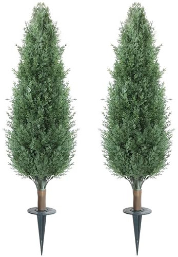3FT Artificial Cedar Topiary Trees with Ground Spike, Outdoors Fake Cypress Shrubs Trees Set of 2 Faux Boxwood Topiaries Bushes Evergreen Plants for Home Front Porch Decor (36 Inch)